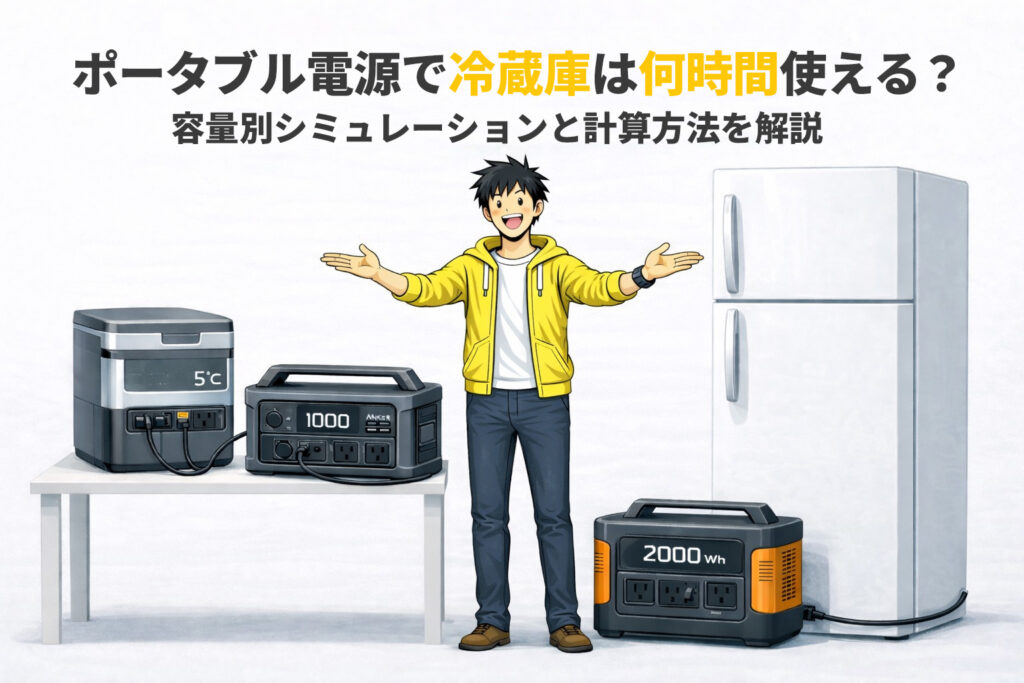 ポータブル電源で冷蔵庫は何時間使える？容量別シミュレーションと計算方法を解説